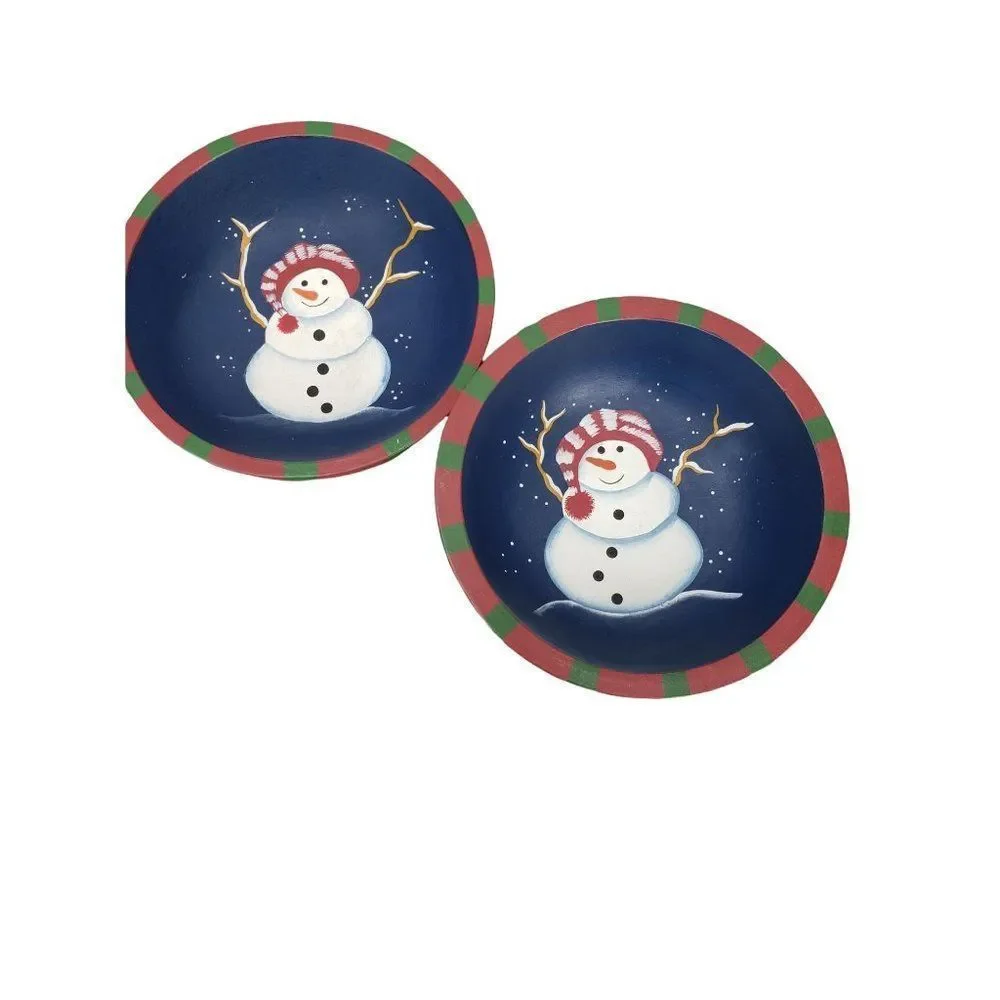 Set of 2 Country Primitive Snowman Bowls Wooden Farmhouse Christmas Bowls‎